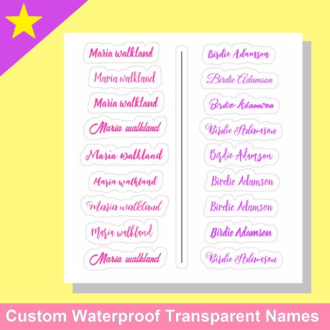 (Set of 18) Girly Transparent Simple Name Stickers (Custom name stickers
Easy peel labels for girls)