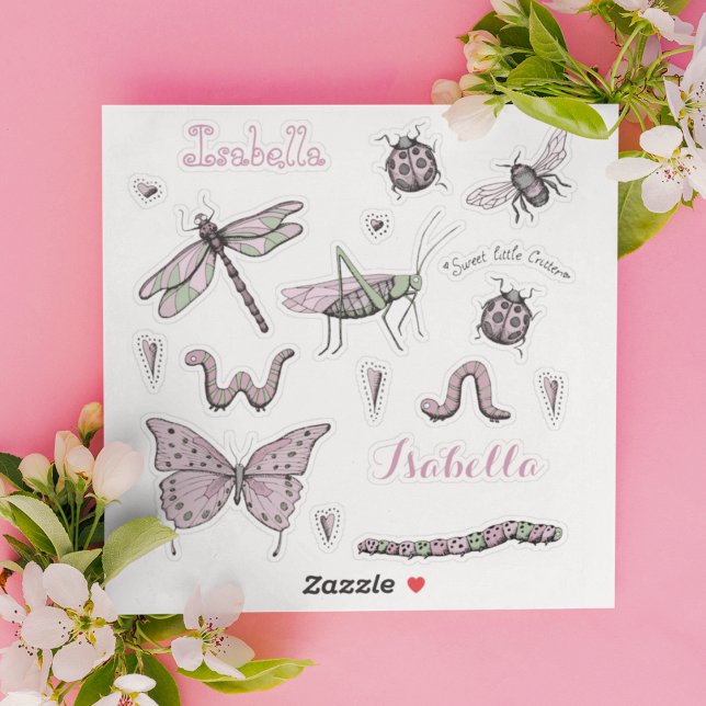 Set of 18 Pretty Blush Pink Sweet Little Critter  Sticker (Adorable, girly ink drawing stickers of the cutest insects with 2 name stickers in Blush Pink.)