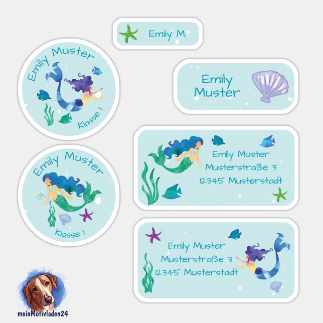 Set of 24 Mermaid Name Stickers | (Schulaufkleber Set für Mädchen - Meerjungfrau - 24 teilig, personalisierbar )
