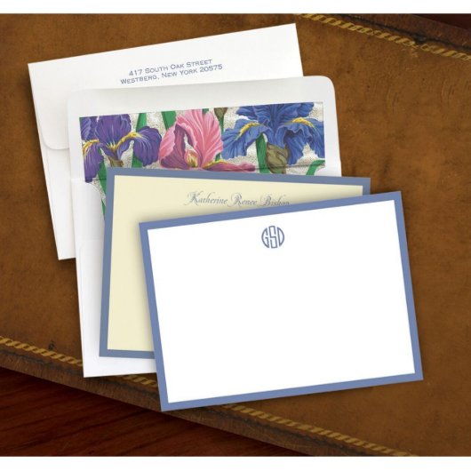Set of 25 Floral Periwinkle-Bordered Note Cards (Front)