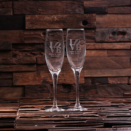 Set of 2 Beautiful Engraved Champagne Flutes