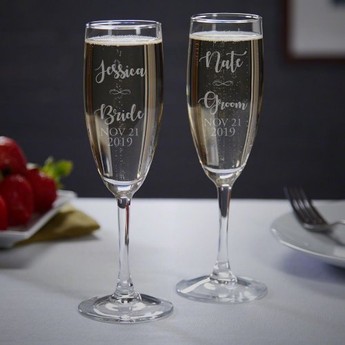 Set Of 2 Bride Groom Wedding Champagne Flutes 