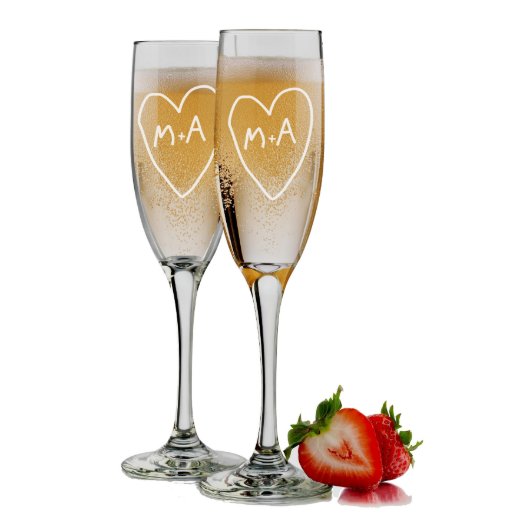 Set of 2 Engraved Cute Heart Champagne Glasses (Front)