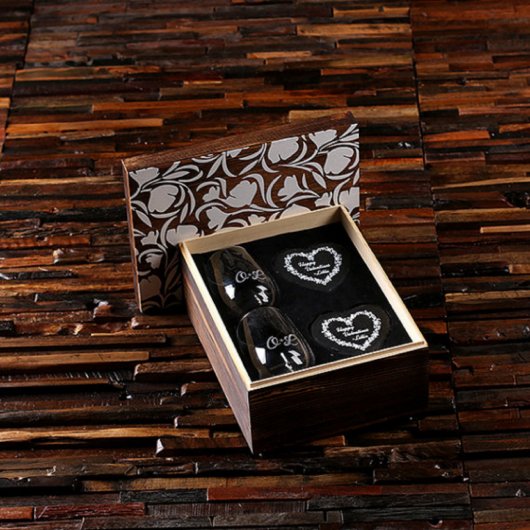 Set of 2 Heart Coasters & Stemless Wine Glasses (Inside)