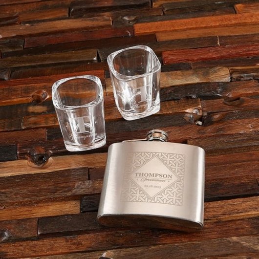 Set of 2 Monogrammed Shot Glasses with Hip Flask (Front)