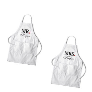 Set of 2 Mr. & Mrs. Heart Couple's White Aprons