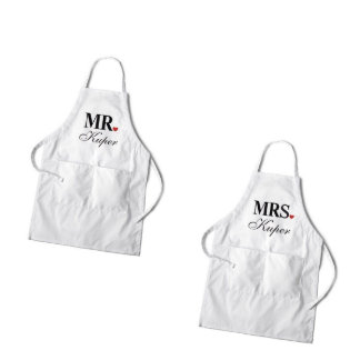 Set of 2 Mr. & Mrs. Heart Couple's White Aprons