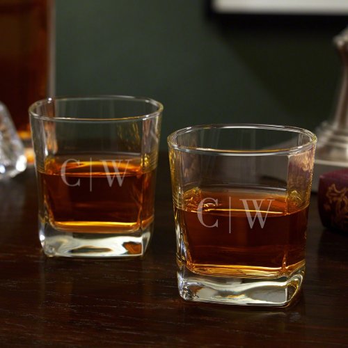 Set of 2 Quinton Monogram Etched Whiskey Glasses