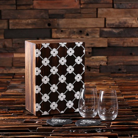 Set of 2 Slate Coasters and Stemless Wine Glasses (Front)