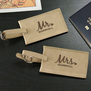 Set of 2 Tan Mr. and Mrs. Leatherette Luggage Tags