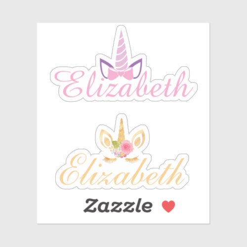 Set of 2 unicorn custom name pink and gold sticker