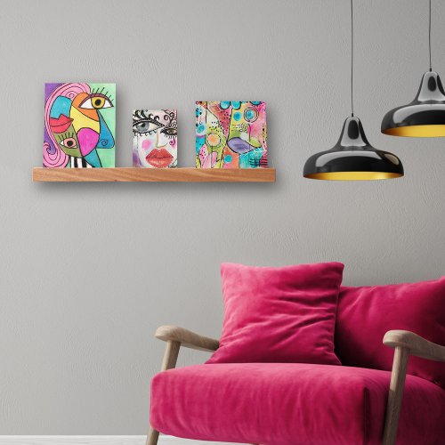 Set of 3 Abstract Whimsical Faces Quirky Funny Art Picture Ledge