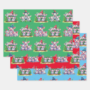 Set of 3 Assorted Adorable Pig Christmas Gift Wrap