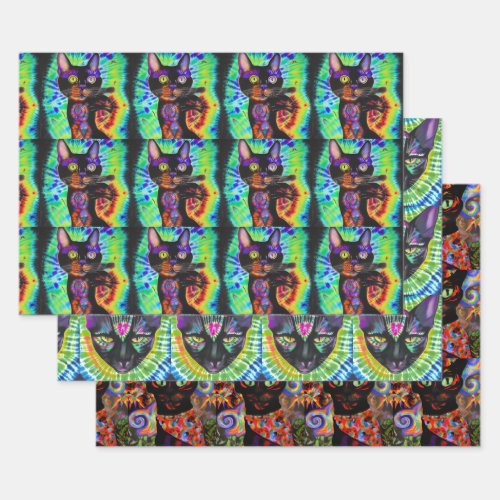 Set of 3 Assorted Cool Halloween Cat Gift Wraps Wrapping Paper Sheets