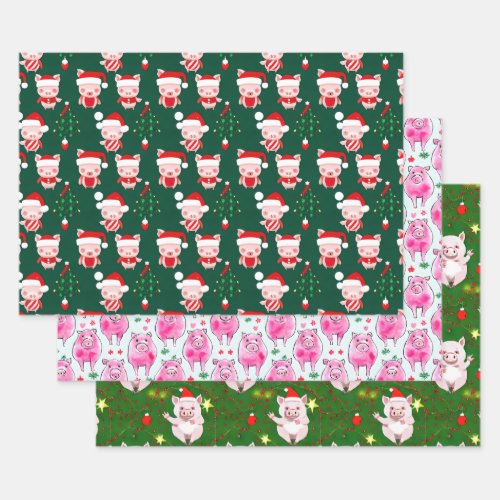Set of 3 Assorted Cute Pig Christmas Gift Wraps Wrapping Paper Sheets