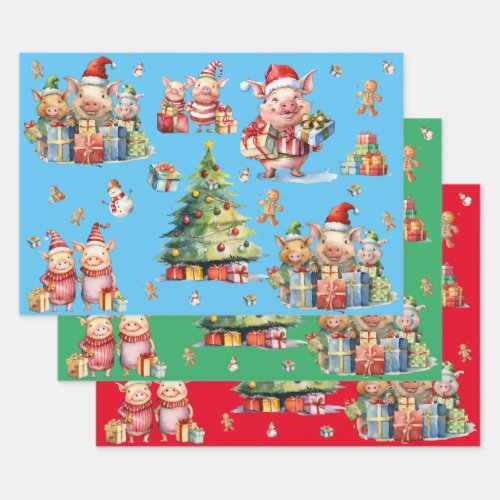 Set of 3 Assorted Cute Pig Christmas Gift Wraps Wrapping Paper Sheets