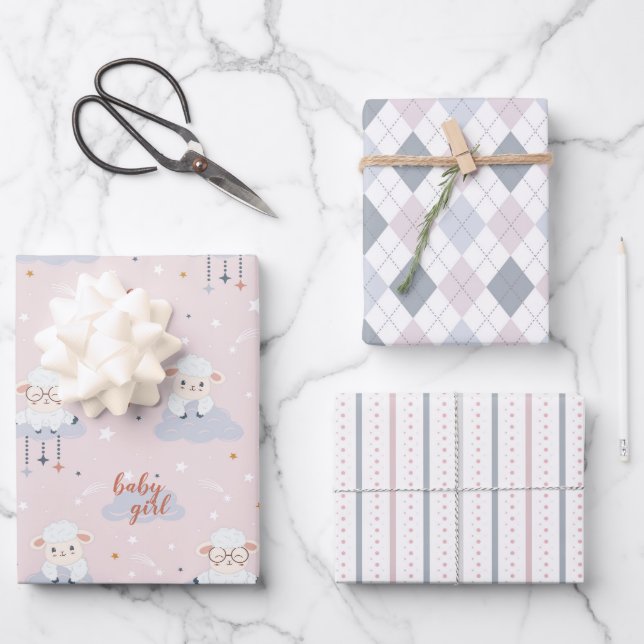 Set of 3-Baby Lambs,Argyle,Stripes Pink Grey White Wrapping Paper Sheets (Front)