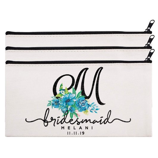 Set Of 3 Blue Flowers Floral Canvas Cosmetic Bags (Set)