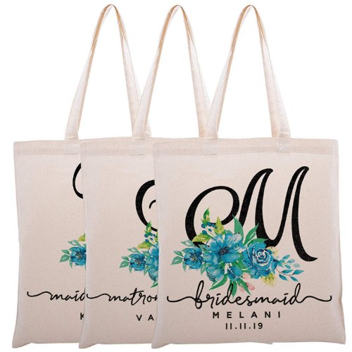 Set Of 3 Blue Flowers Floral Canvas Tote Bags