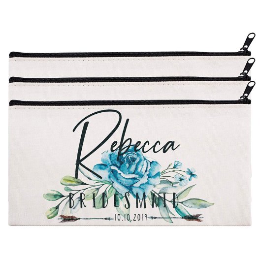 Set of 3 Blue Rose Floral Canvas Cosmetic Bags (Set)