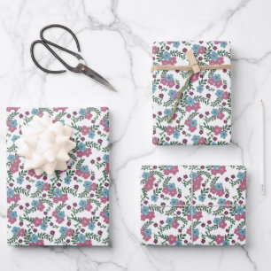 Set of 3-Boho Floral Pattern in Pink, Taupe & Teal Wrapping Paper Sheets