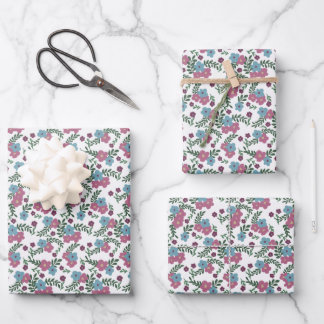 Set of 3-Boho Floral Pattern in Pink, Taupe & Teal Wrapping Paper Sheets