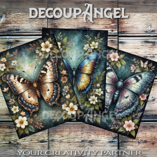 set of 3 Butterfly and Flowers -Decoupage- Wrapping Paper Sheets