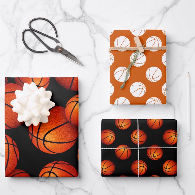 set of 3 coordinating basketball wrapping paper sheets (Front)