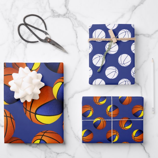 set of 3 coordinating blue gold basketballs wrapping paper sheets (Front)