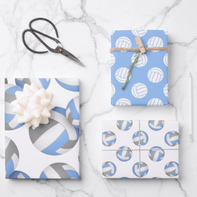 set of 3 coordinating light blue gray volleyball wrapping paper sheets