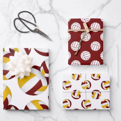 set of 3 coordinating maroon gold volleyball wrapping paper sheets