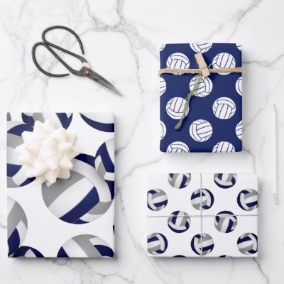 set of 3 coordinating navy blue gray volleyball wrapping paper sheets