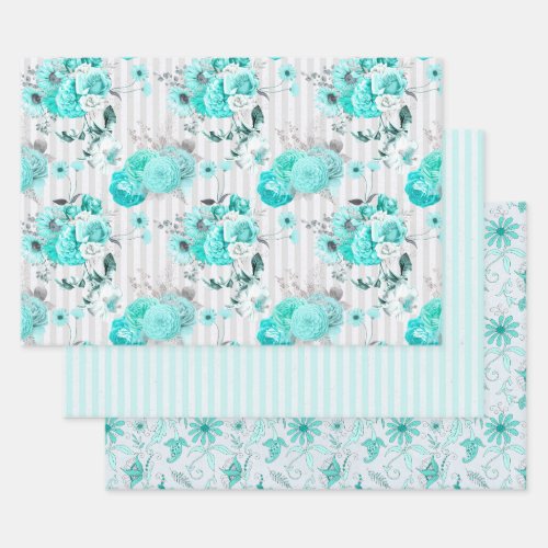 Set of 3 Coordinating Turquoise Floral and Stripes Wrapping Paper Sheets
