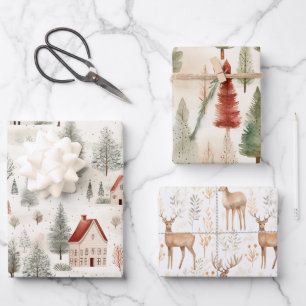 Set of 3 Country Whimsical Woodsy  Wrapping Paper Sheets
