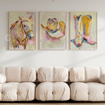 Set of 3 Cowgirl Boot Hat Horse Western Prints