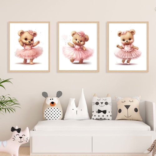Set Of 3 Cute Bear Ballerina Girls Nursery Prints