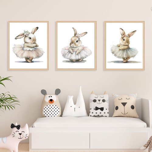 Set Of 3 Cute Bunny Ballerina Girl Nursery Prints