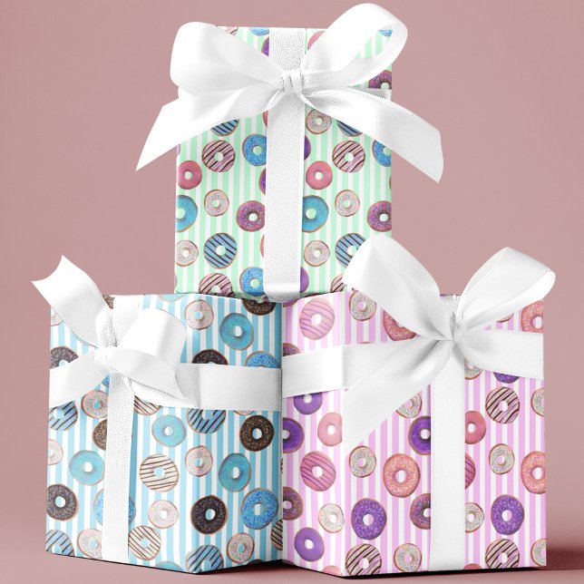 Set of 3 Cute Donut kids pastel stripes birthday  Wrapping Paper Sheets (Creator Uploaded)