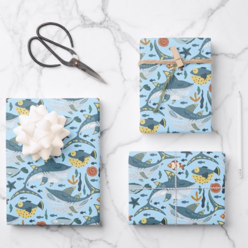 Set of 3 Cute Shark Birthday Baby Boy Gifts Decor Wrapping Paper Sheets