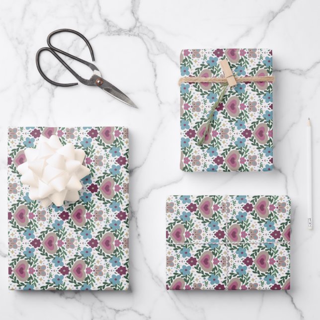 Set of 3-Earthy Pink & Teal Flowers and Hearts Wrapping Paper Sheets (Front)
