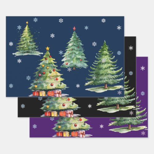 Set of 3 Elegant Night Christmas Tree Gift Wraps Wrapping Paper Sheets
