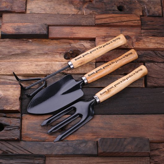 Set of 3 Engraved Natural Wood Garden Utensils (Top)