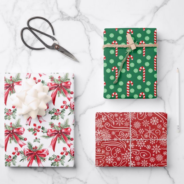 Set of 3 Festive Christmas Holiday  Wrapping Paper Sheets (Front)