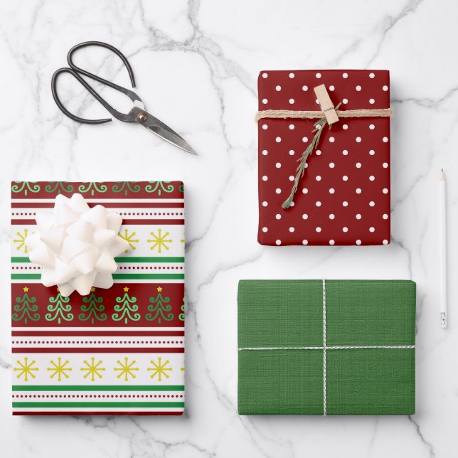 Set of 3 Festive, Coordinating Christmas Wrapping Paper Sheets (Front)