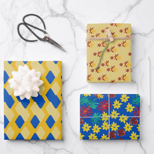 Set of 3 floral and geometric Wrapping Paper (Front)