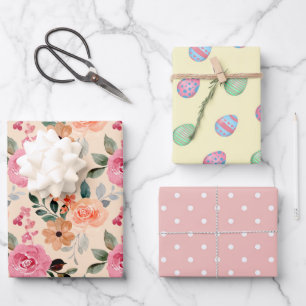 Set of 3 Floral Roses, Easter Eggs & Polka Dots Wrapping Paper Sheets