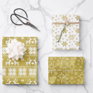 Set of 3 Gold Foil Snowflakes, Stars and Reindeer Wrapping Paper Sheets