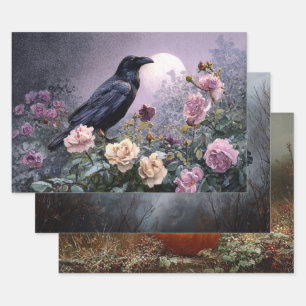 Set of 3 Gothic Raven Scenes Decoupage Wrapping Paper Sheets