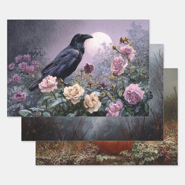 Set of 3 Gothic Raven Scenes Decoupage Wrapping Paper Sheets (Set)