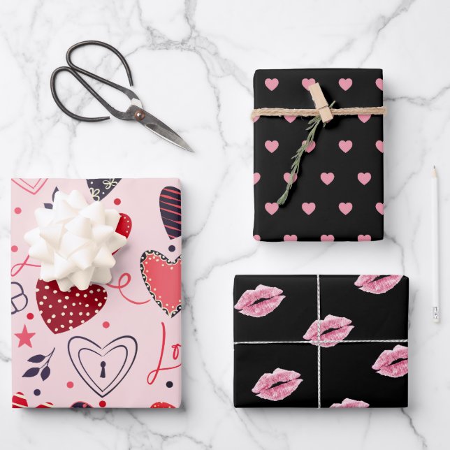 Set of 3; Hearts, Kisses, Polka Dots Valentine's   Wrapping Paper Sheets (Front)
